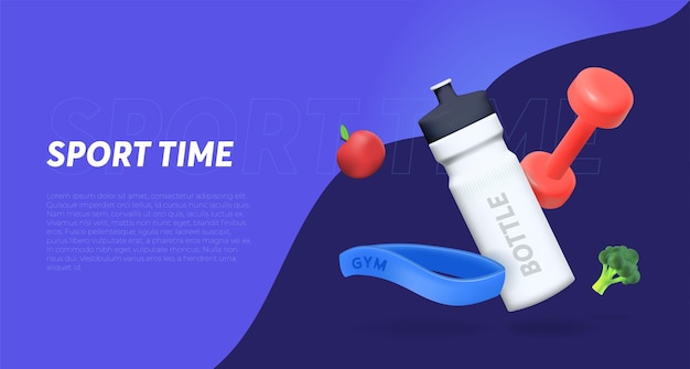 Banner template with Sports 3d elements a bottle of water a kettlebell an elastic band for sports