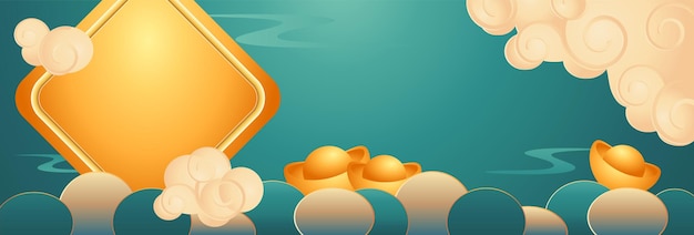 Banner template with text space golden ingots and clouds for traditional Chinese New year card