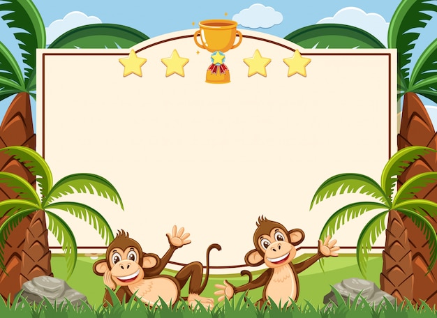 Vector banner template with two happy monkeys in the park