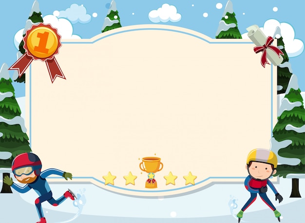 Шаблон баннера с двумя людьми, катание на коньках в снегу
