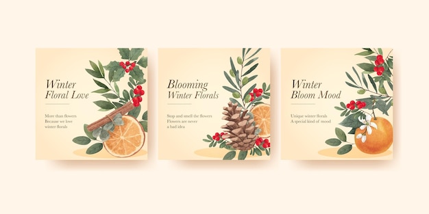 Banner template with winter floral concept,watercolor style