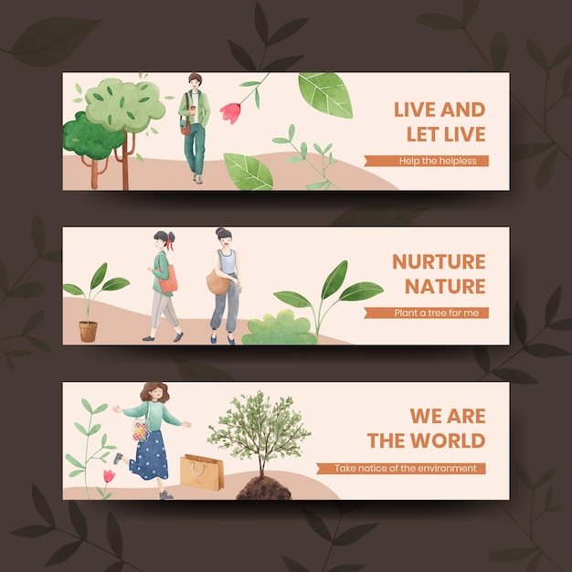 Vector banner template with world environment day concept,watercolor style