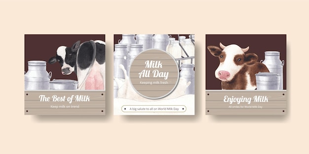 Banner template with world milk day concept,watercolor style