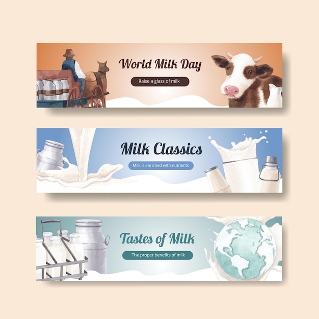 Banner template with world milk day concept,watercolor style