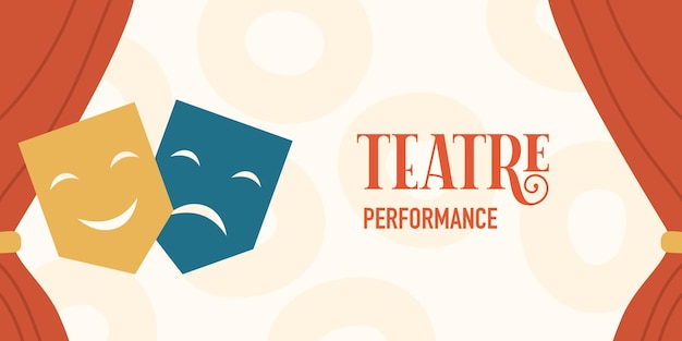 Vector banner for theater and performance theatrical masks on the background of the curtain