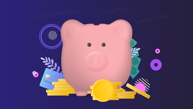 Banner on the theme of finance. pink piggy bank in the form of a pig with gold coins.
