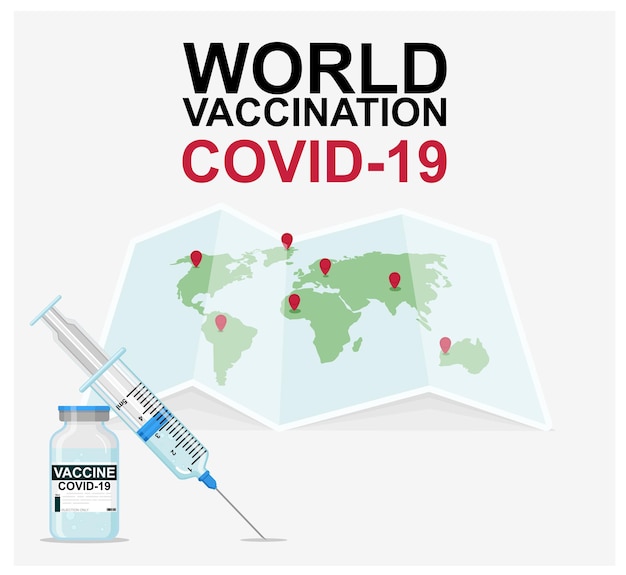 covid의 글로벌 백신 접종을 주제로 한 배너입니다. 지도, 국가 및 텍스트 디자인에 주사기 그림이 있습니다.