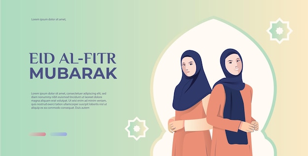 Banner of two muslim woman greeting eid al fitr