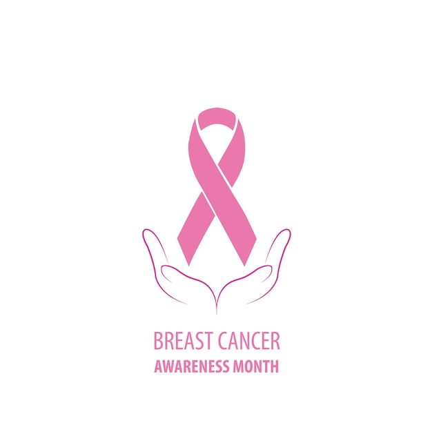 Banner van borstkanker bewustzijn met twee handen met een roze lint op een witte achtergrond