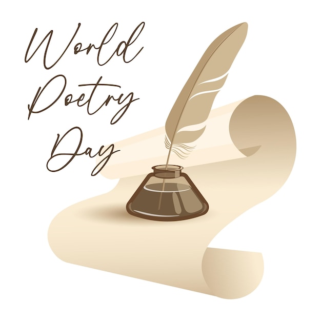 Vector banner van de werelddag van de poëzie perchementrol en inktvat met veer illustratie vector