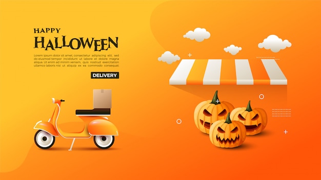 banner van halloween verkoop met pompoen en Vespa.