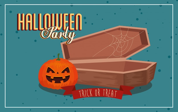 Vector banner van partij halloween met pompoen en doodskist