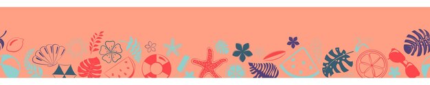 Banner of various items related to summer holidays at sea multicolored on pink background with seamless horizontal repetition