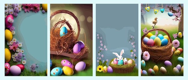 Banner vector colored easter eggs in wicker nest green grass greeting card on a colored background