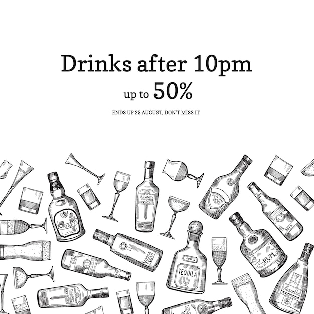 Banner vector hand drawn alcohol drink bottles and glasses background illustration with place for text