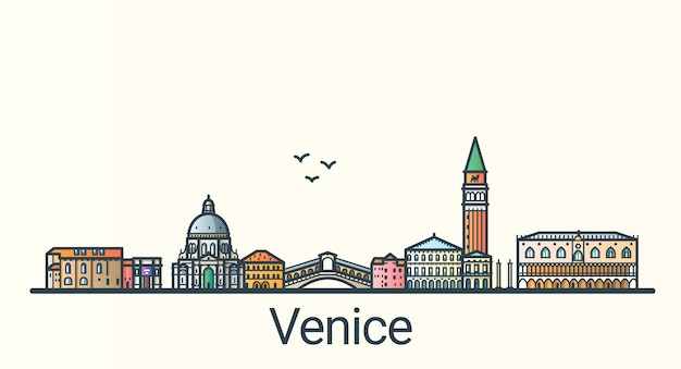 Vettore banner della città di venezia in stile alla moda linea piatta. arte di linea della città di venezia. tutti gli edifici separati e personalizzabili.