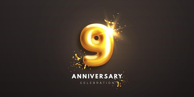 Banner voor de viering van het negende verjaardag Realistisch glanzend 3D gouden nummer 9 en sprankelende confetti