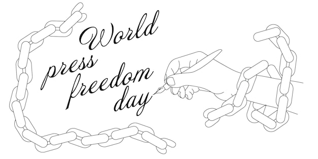 Banner voor de Werelddag van de Vrijheid van de Pers 3 mei Een contourtekening van een hand bedekt met een pen schrijft