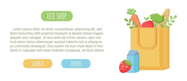 Banner voor eco-winkel. Vectorbanner met natuurvoeding en ecotas