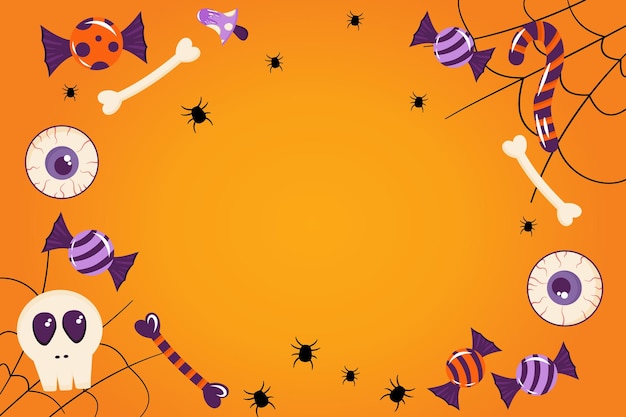 Banner voor Halloween oranje achtergrond met plaats voor tekst Spinnenweb snoep botten ogen