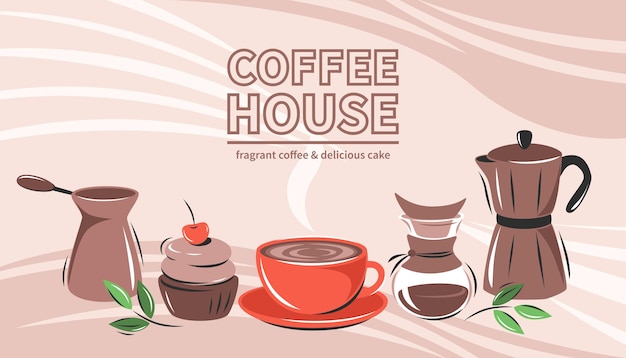 Banner voor koffiehuis, coffeeshop, café-bar, barista, restaurant, menu.