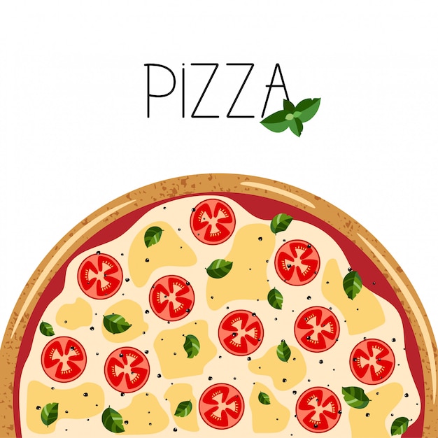 Vector banner voor pizzadoos. achtergrond met hele margarita pizza, basilicum.