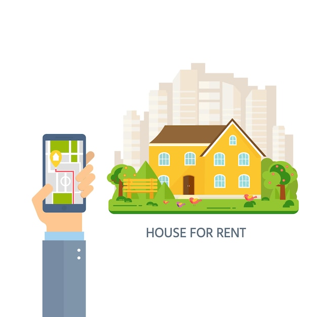 Banner voor verkoop, hand met telefoon met reclamehuis, huisje met bomen. Aanbod koop huis. Verhuur van onroerend goed. Vector plat ontwerp, stedelijk landschap.
