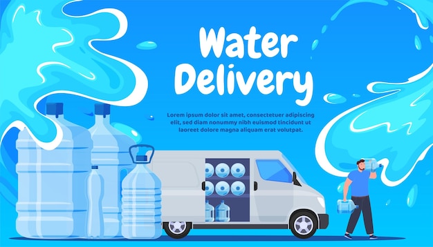 Vettore banner di consegna dell'acqua alle persone un uomo trasporta l'acqua potabile su un autobus illustrazione vettoriale