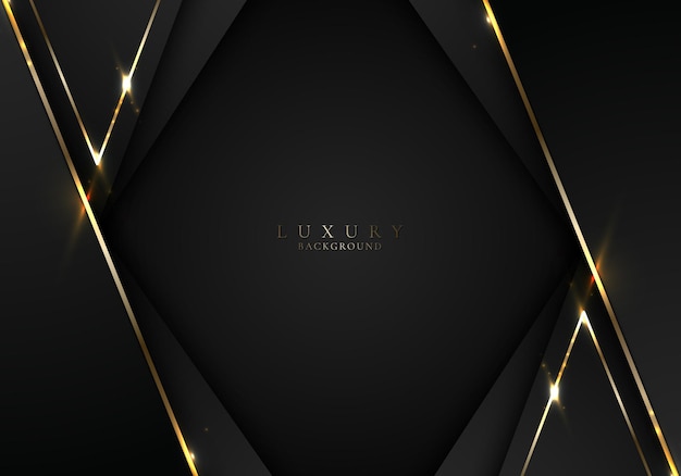 Banner web elegant 3D abstract black stripes shapes with lighting shiny golden diagonal lines on dark background