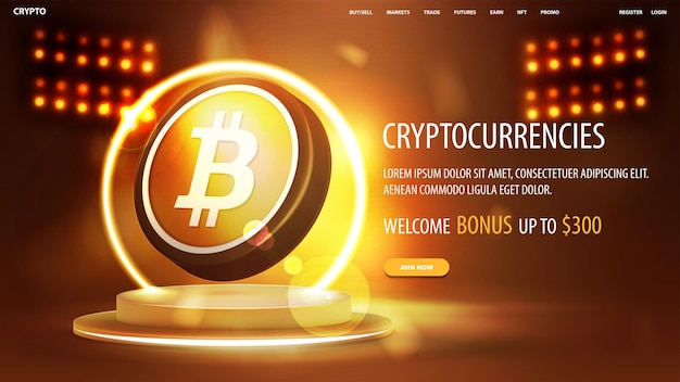Vector banner for website with button podium with yellow neon ring on background and gold 3d bitcoin