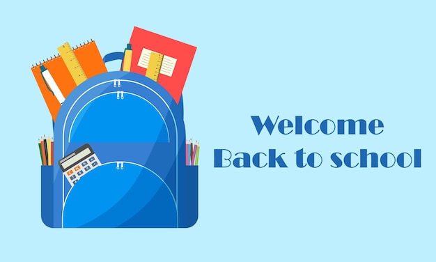 Banner Welcome back to school Open school backpack with stationary and text Vector illustration