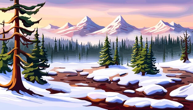 산의 눈 나무와 산의 해가 뜨는 터 일러스트레이션으로 산의 겨울 풍경