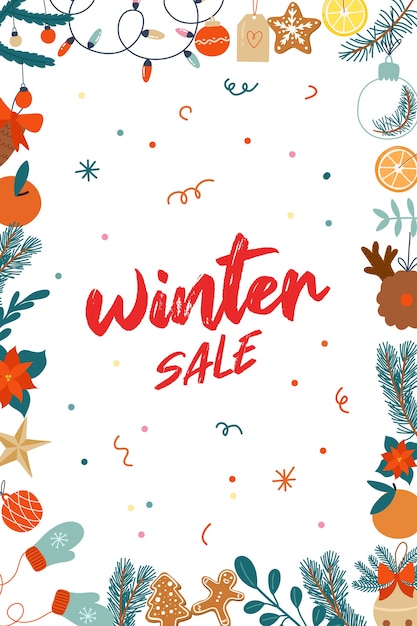 Banner winter sale with christmas illustations hand drawn