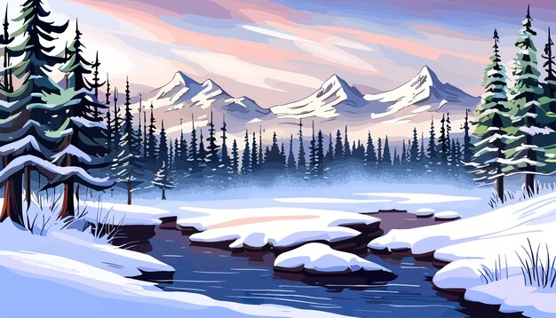 Banner winterlandschap in de bergen met sneeuwbomen en berg zonsopgang vector illustratie