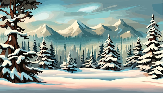 Banner winterlandschap in de bergen met sneeuwbomen en berg zonsopgang vector illustratie