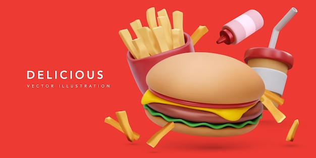 Banner con hamburger realistico 3d e tazza di caffè patatine fritte ketchup isolato su sfondo rosso illustrazione vettoriale