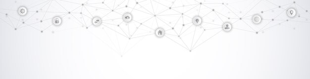 banner with abstract technical background and connecting dots and lines. Digital technology and communication concept