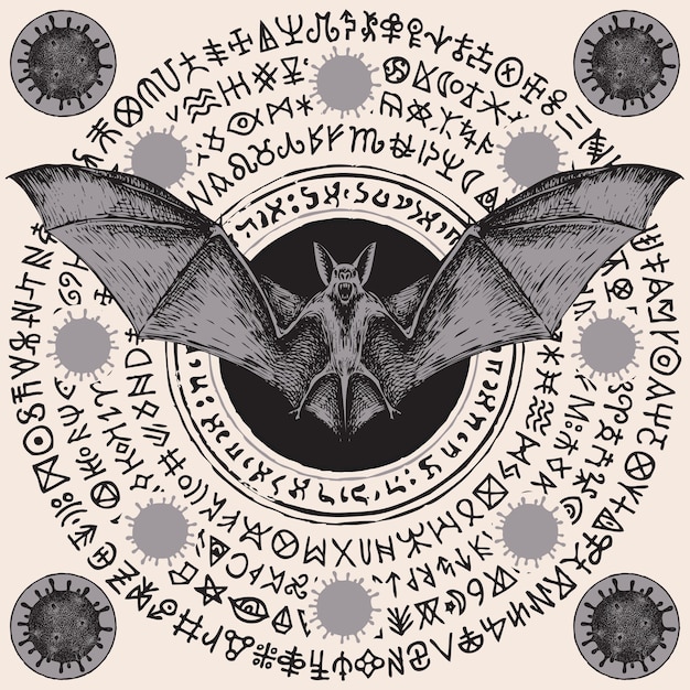 banner with bat, coronavirus cells and runes