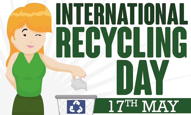 Banner with blonde young lady properly sorting trash for Recycling Day on May 17