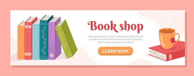 Vector banner with books concept education learning and training knowledge and information useful hobby and love for literature reading cartoon flat vector illustration isolated on pink background