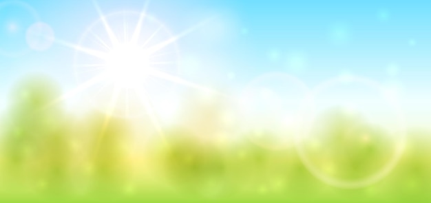 Banner con sole luminoso nel cielo blu. natura primaverile o estiva. estate o primavera. tema delle vacanze per la giornata della terra. l'illustrazione può essere utilizzata per il design delle vacanze, poster, banner, biglietti, siti web, sfondi