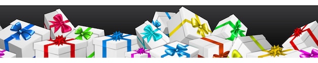 banner with bunch of white gift boxes with colored ribbons and bows on black background. with seamless horizontal repetition