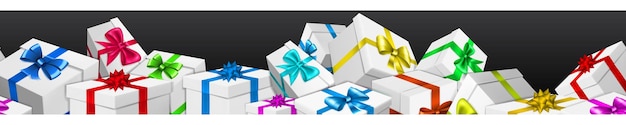 Banner with bunch of white gift boxes with colored ribbons and bows on black background. With seamless horizontal repetition