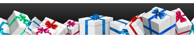 banner with bunch of white gift boxes with colored ribbons and bows on black background. with seamless horizontal repetition
