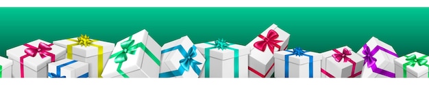 banner with bunch of white gift boxes with colored ribbons and bows on green background. with seamless horizontal repetition
