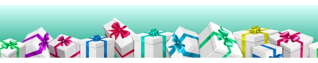 banner with bunch of white gift boxes with colored ribbons and bows on light blue background with seamless horizontal repetition