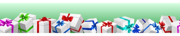banner with bunch of white gift boxes with colored ribbons and bows on light green background with seamless horizontal repetition