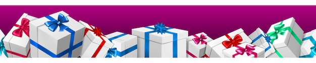 banner with bunch of white gift boxes with colored ribbons and bows on purple background. with seamless horizontal repetition