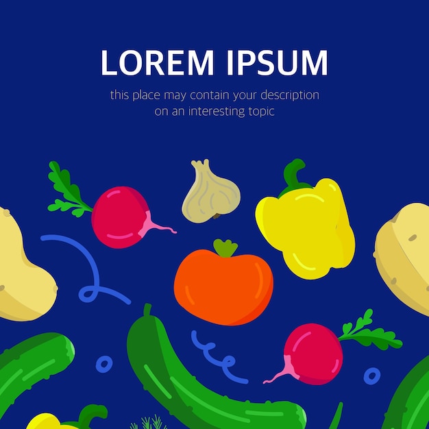Banner with colorful vegetables on a blue background with an empty space for inserting text