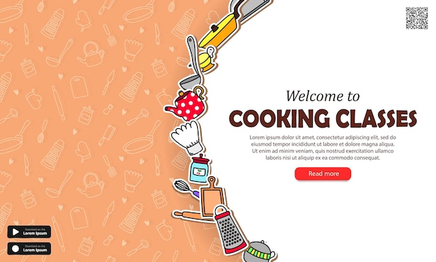 Banner with culinary courses advertising for website or mobile app. Welcome to cooking classes!